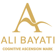 لوگوی طلایی علی بیاتی با حروف A پویای صعودی و عنوان Cognitive Ascension Mark، نماد استراتژی و تفکر برند شخصی لوکس.