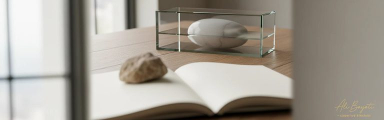 نمایش معماری شناختی معنا در مدل فکری علی بیاتی، ساختار ذهن در محفظه شیشه‌ ای کنار کتاب و عنصر طبیعی.