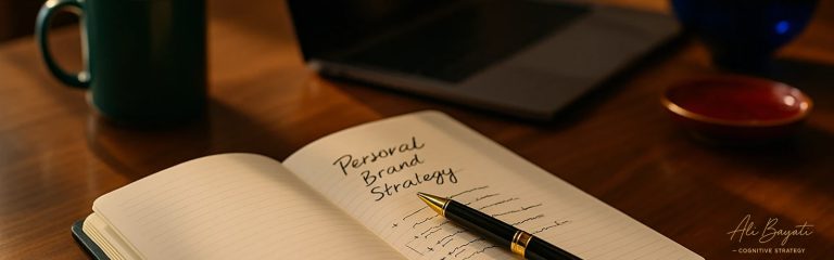 طراحی استراتژی برند شخصی در دفتر کار علی بیاتی، یادداشت مفاهیم شناختی با نور گرم و فضا‌سازی حرفه‌ای.