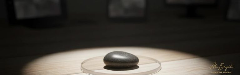 نمایش مفهوم برند شخصی واقعی؛ سنگ مرکزی زیر نورافکن در یک گالری (بدون رسانه).