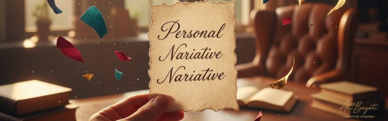 روایت شخصی در رویکرد شناختی علی بیاتی، برگه قدیمی با عنوان Personal Narrative در فضای مطالعه و عناصر نمادین معلق.