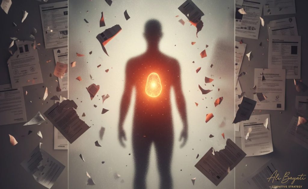 تصویر مفهومی برند شخصی با هسته نورانی و اسناد پخش شده در پس زمینه.