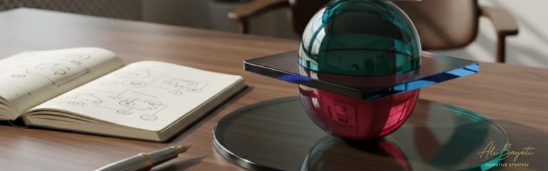 تعریف هویت شخصی در مدل شناختی علی بیاتی، کره چندلایه شفاف و یادداشت‌ های مفهومی در فضای تحلیلی.