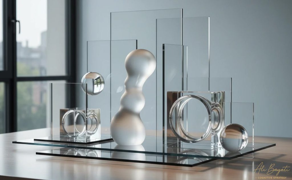 بازنمایی هویت شخصی در چارچوب طراحی شناختی علی بیاتی، ترکیب احجام شفاف و فرم های انتزاعی در چیدمان مفهومی.